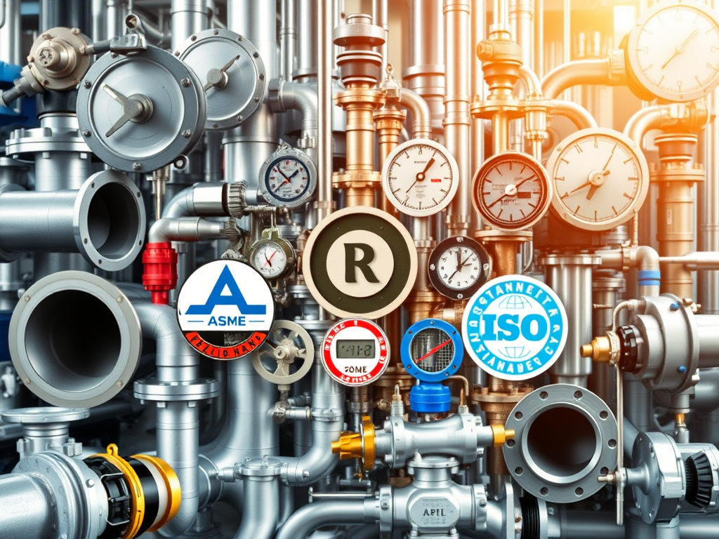 En sammanställning av rörsystem med olika tryckmätare och standardiseringssymboler som ASME och ISO, representerande industriella tryckkärl.