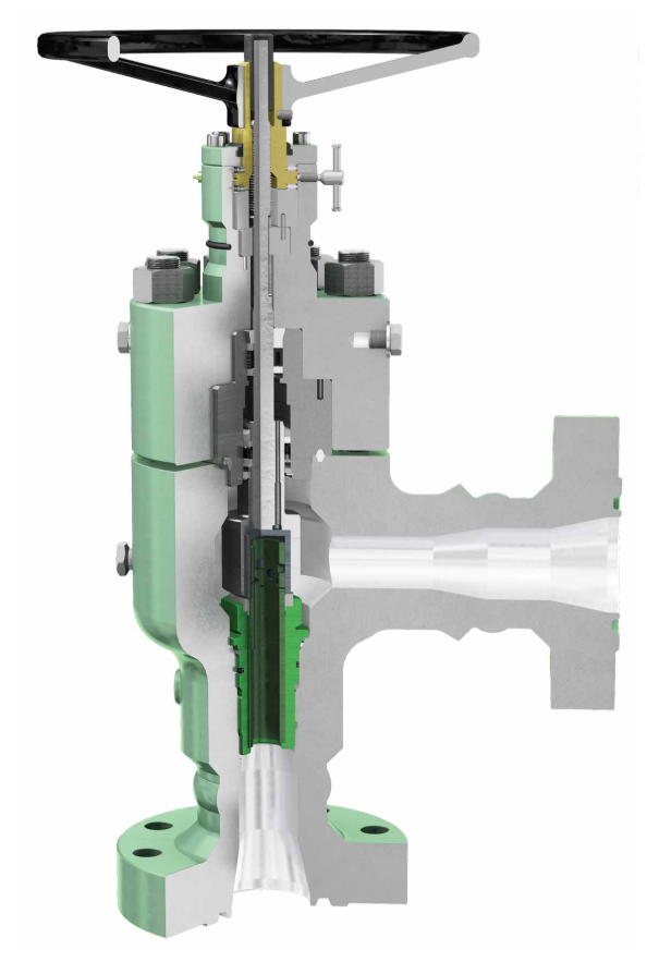 Korssnitt av en choke-ventil med detaljerad visning av interna delar och funktioner.