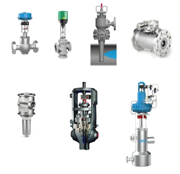 En samling av olika typer av reglerventiler som inkluderar både pneumatiska och elektriska manöverdon, samt en detaljvy av en ventil med insidan synlig.
