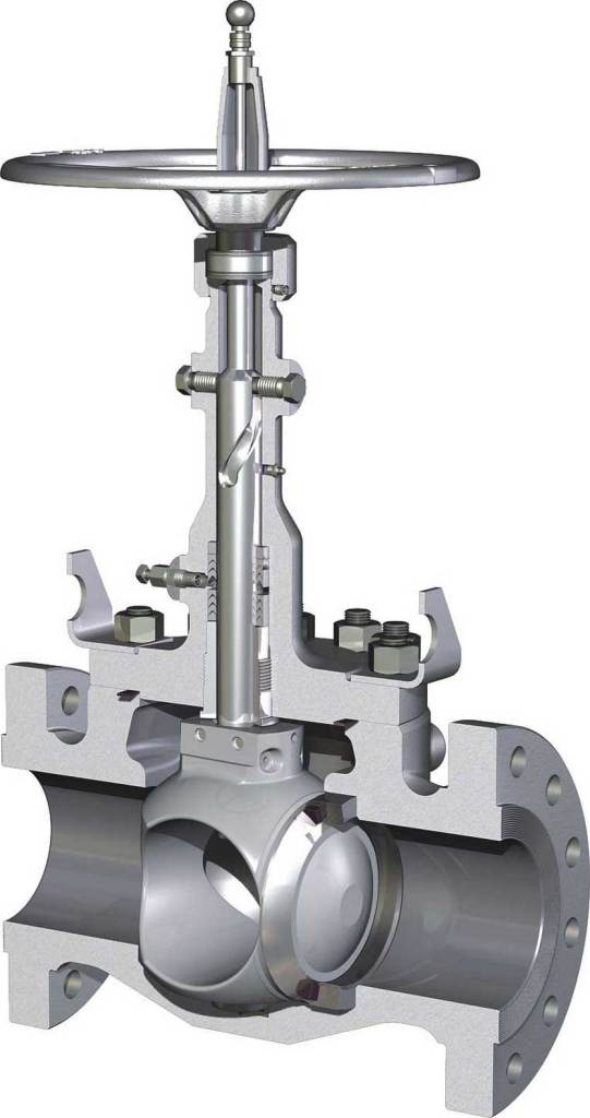 Illustration av en stigande kulventil (Rising Stem Ball Valve) med tydlig visning av ventilens struktur och design.
