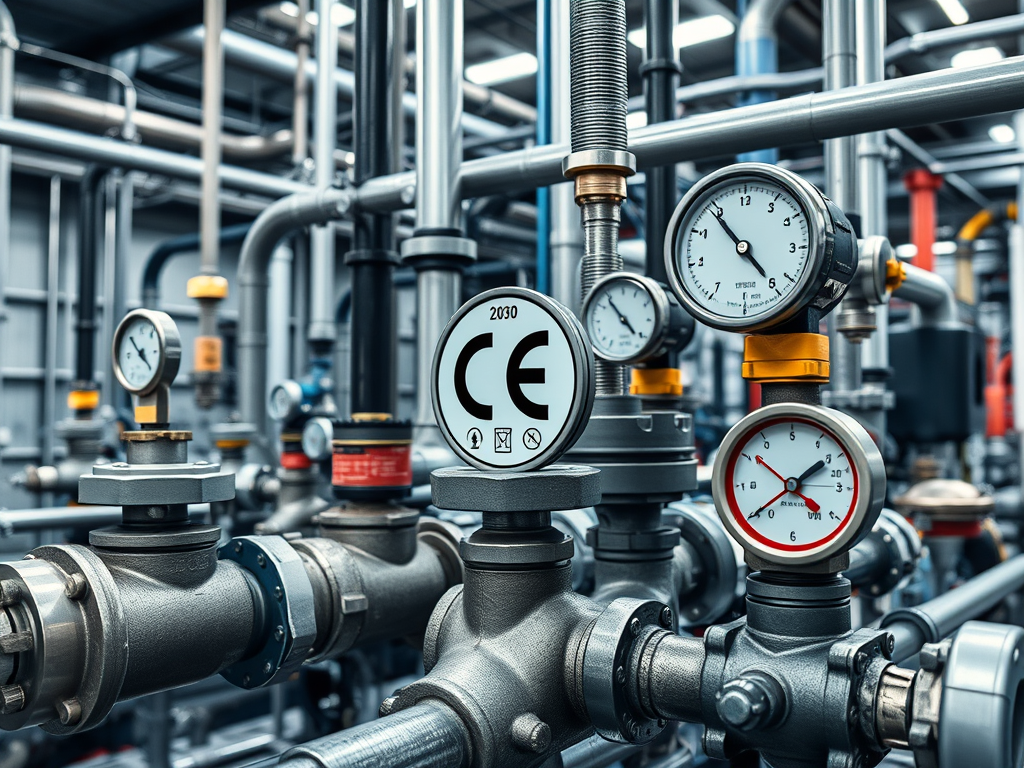 En tät bild på en industriell rörinstallation med flera tryckmätare och en CE-märkning som indikerar överensstämmelse med europeiska säkerhetsstandarder.