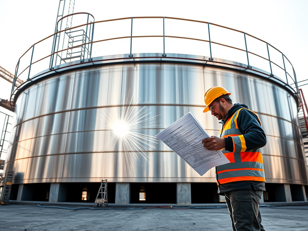 En byggarbetare i reflexväst och hjälm granskar ritningar framför en stor metallcistern på en byggarbetsplats.