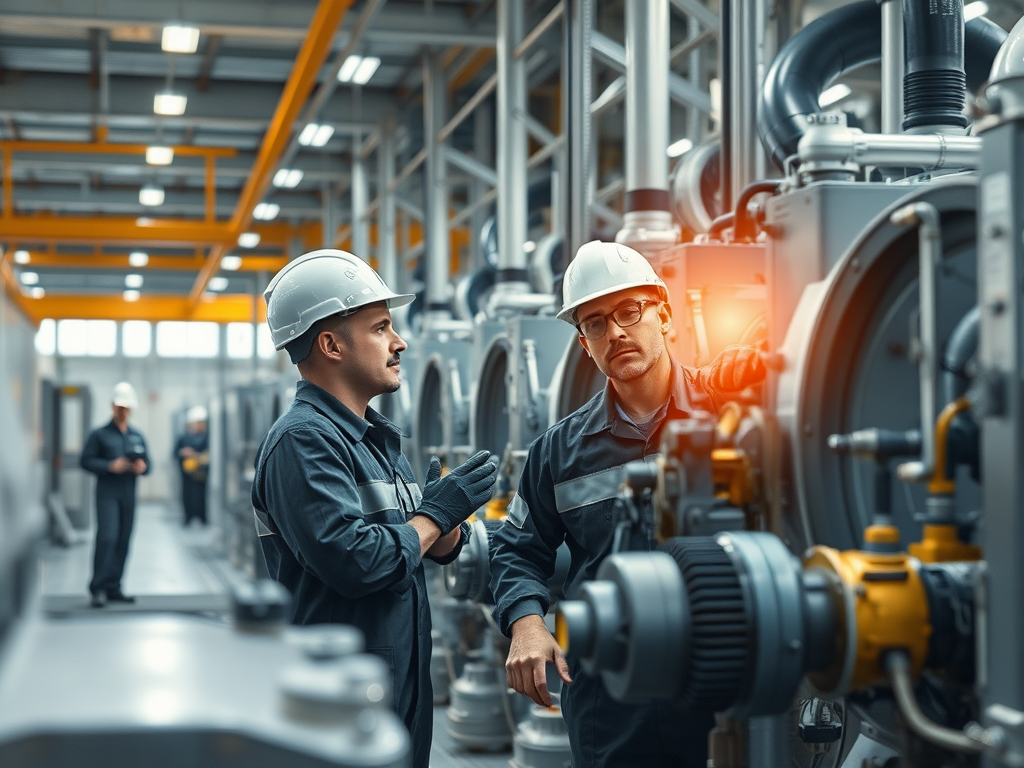 Två tekniker i skyddshjälmar och arbetskläder inspekterar utrustning i en industrimiljö, med en maskin i fokus.
