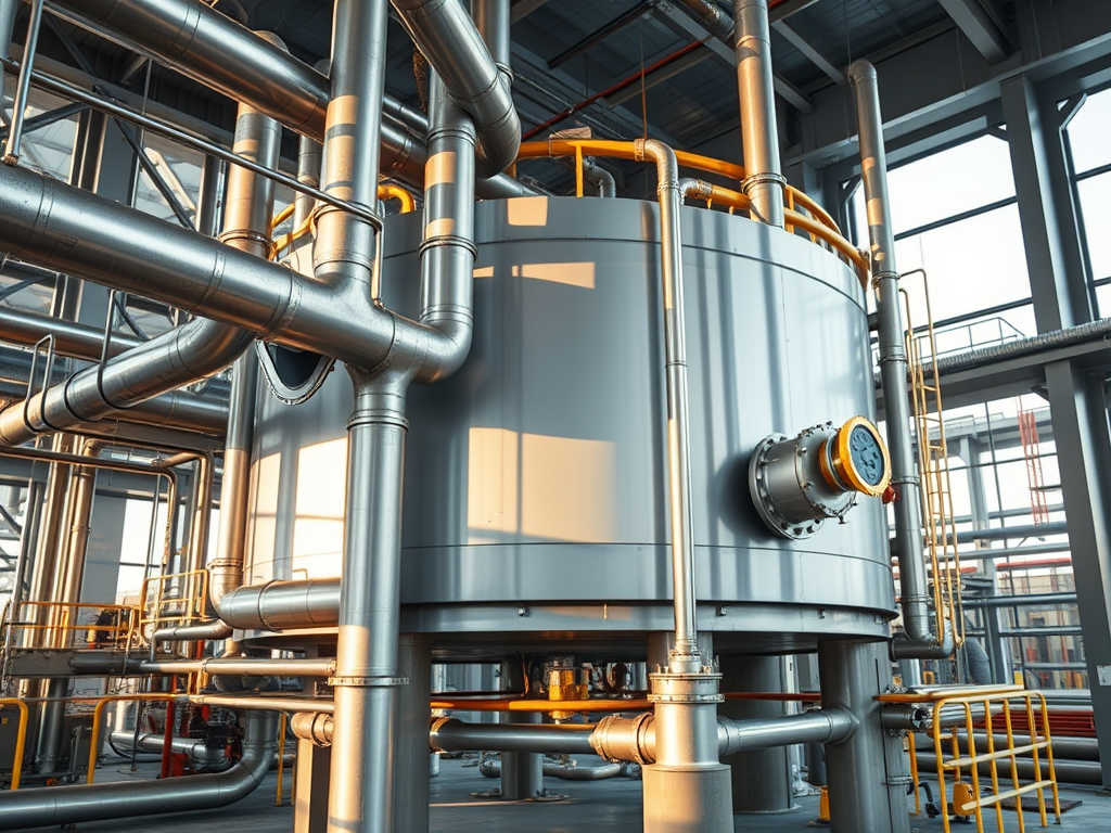 En synvinkel av en industrivägg med stora metallrör och en stålcistern i ett modernt verkstadsutrymme.