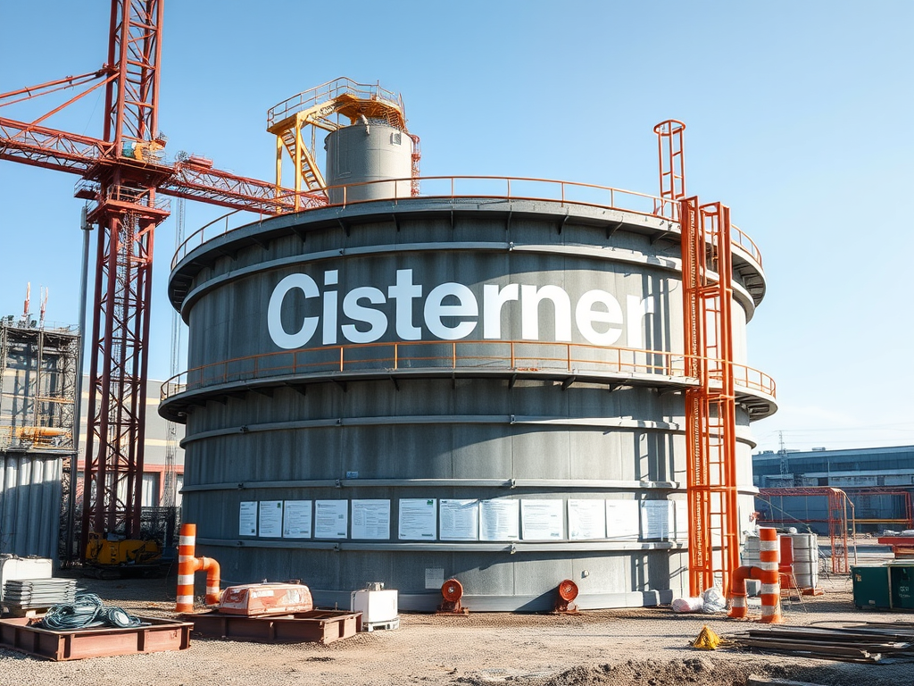 En industriell cistern med stor rörlig plattform och påskrift 'Cisterner', omgiven av byggmaterial och kranar på en byggarbetsplats.