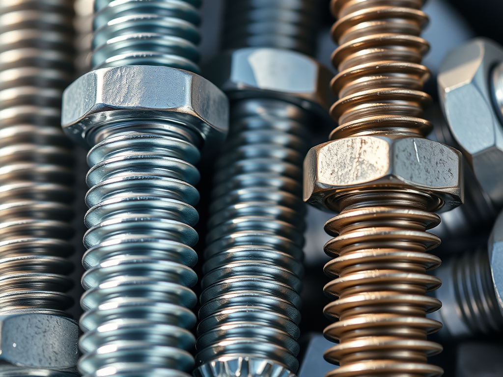 Nära bild av olika stålskruvar och muttrar med varierande ytbehandlingar.
