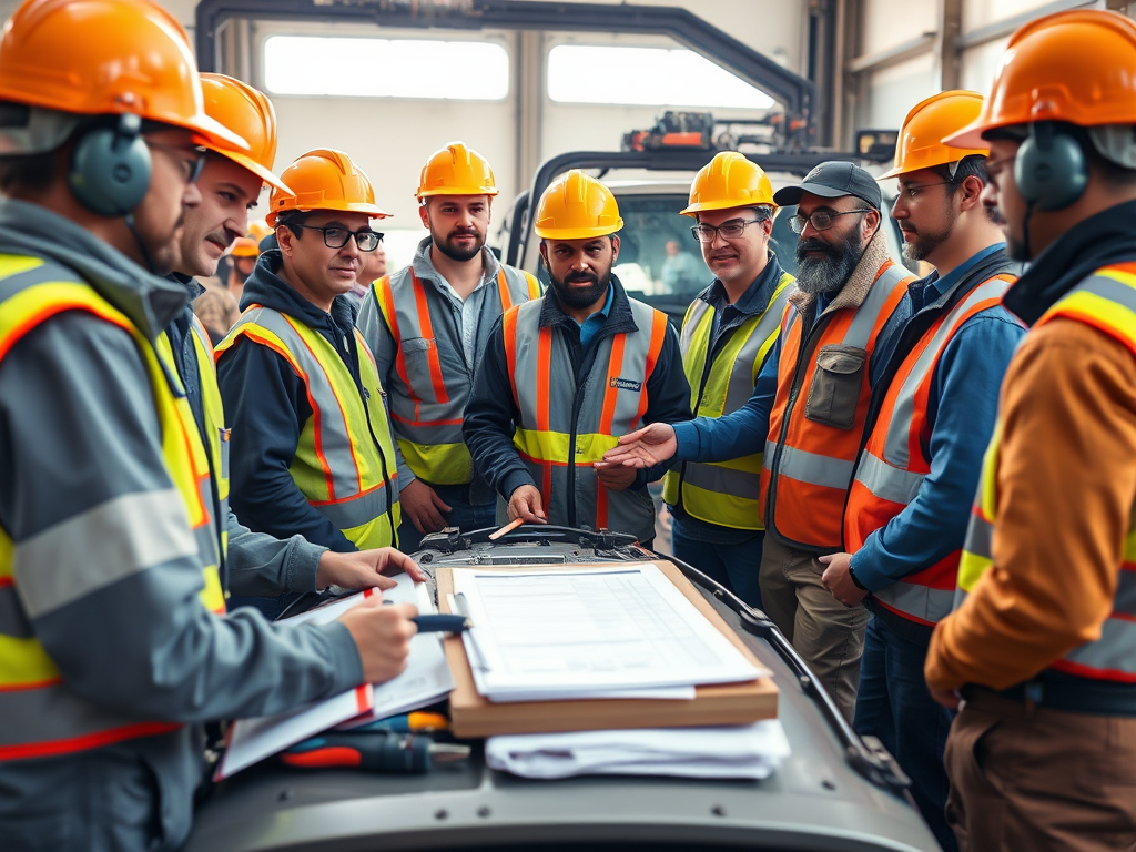 Grupp av arbetare i säkerhetsvästar och hjälmar som går igenom en Job Safety Analysis (JSA) vid ett arbetsfordon.