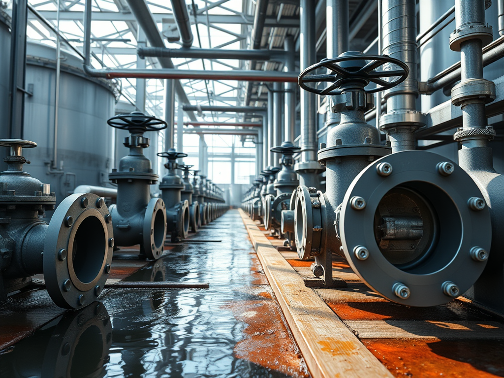 En bild av ventiler och rörsystem i ett avloppsreningsverk, belägna på en träplatta med vattenreflektioner, under en stålstruktur.