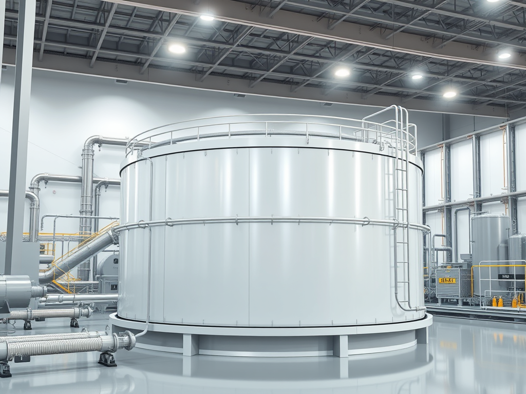 En stor vit lagertank i en industriell miljö, omgiven av rör och utrustning. Tankens yta är slät och reflekterar ljuset från taklamporna.