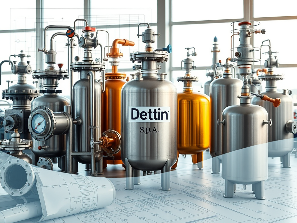 En rad av tryckkärl i olika storlekar och material, med fokus på en enhet märkt 'Dettin S.P.A.', placerade på ett ritbord med tekniska ritningar i bakgrunden.