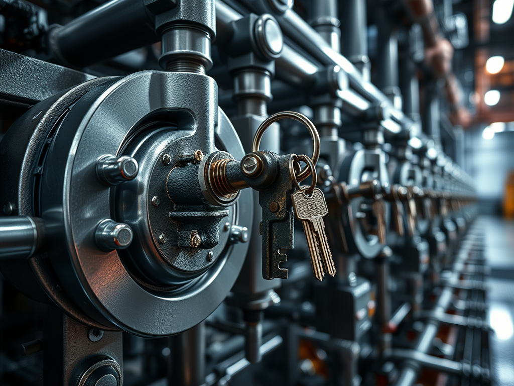 Nära vy av mekaniska lås och nycklar i en industriell anläggning, med fokus på en nyckel i ett lås.