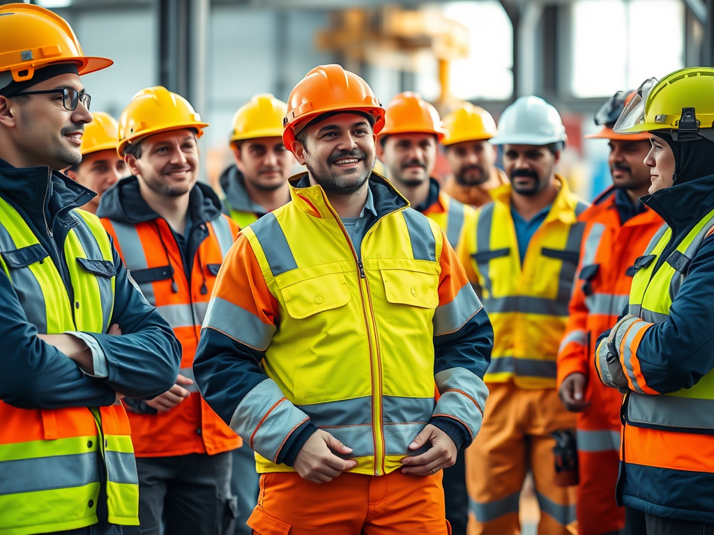 Grupp av arbetare i personlig skyddsutrustning, inklusive varselkläder och hjälmar, samlade för en säkerhetsdiskussion.