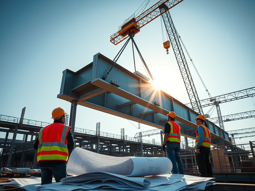 Arbetsplats för stålbyggnation med en kran som lyfter en stor stålbalk, medan arbetare i skyddshjälmar och västar observerar, med byggnadsritningar synliga i förgrunden.