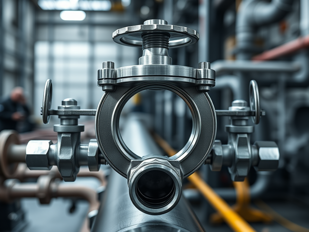 Närbild av en spolring (bleed ring) installerad mellan rörflänsar, med kopplade ventiler i ett industriellt rörsystem.