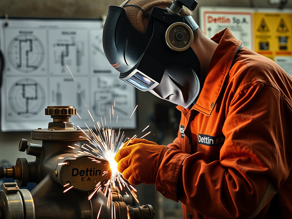 En svetsare i skyddsutrustning arbetar med en svetsmaskin på en metallkomponent, gnistor flyger från fogområdet, medan tekniska ritningar syns i bakgrunden.