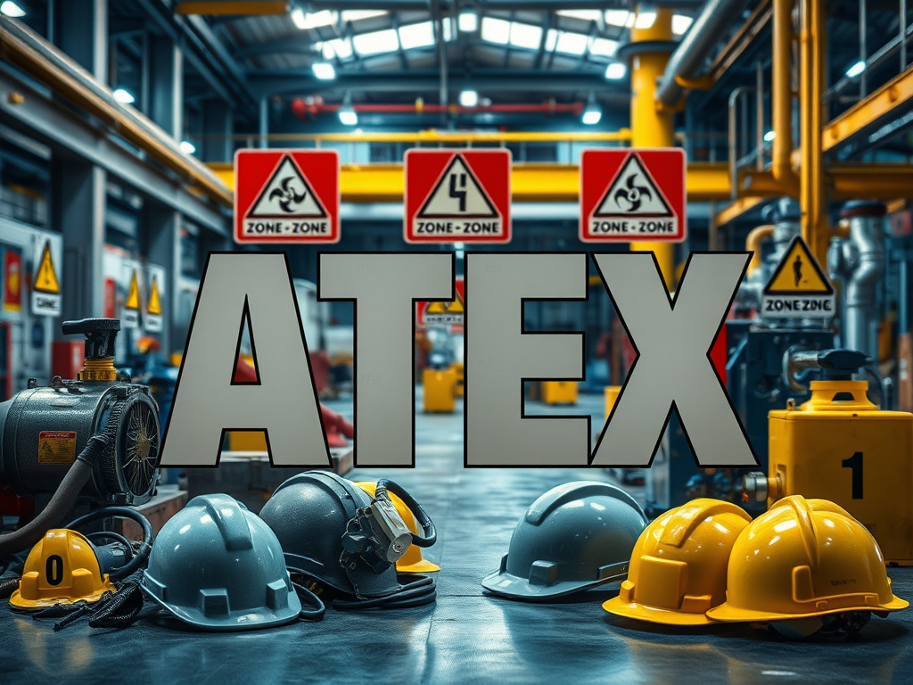 En industriell miljö med ATEX-skyltar och säkerhetsutrustning som hjälmar och en motor, med fokus på säkerheten i explosiva områden.