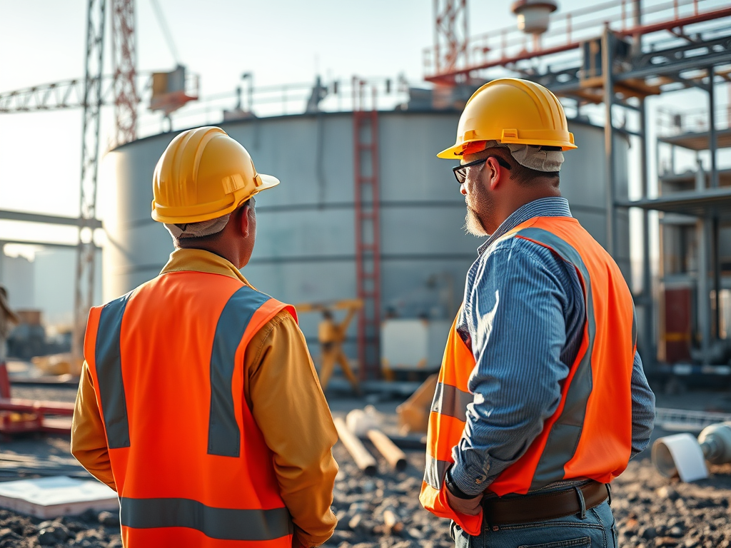 Två byggarbetare i reflexvästar och hjälmar, som står med ryggen mot kameran och observerar en stor cisterntank på en byggarbetsplats, med kranar och byggutrustning i bakgrunden.