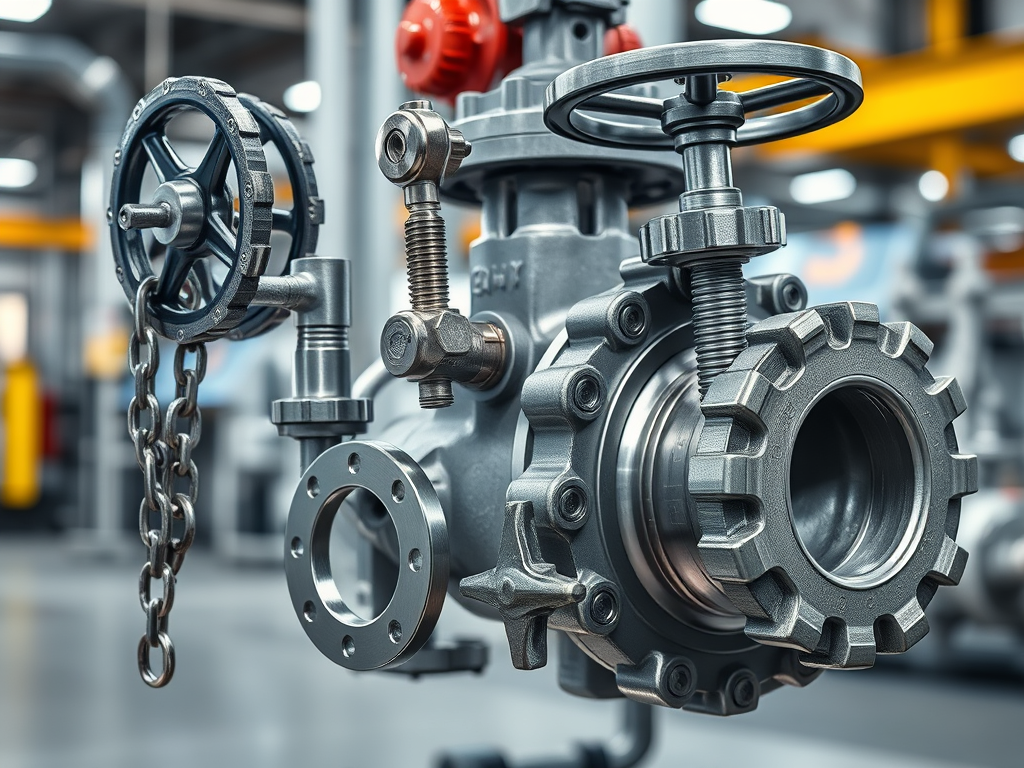 Närbild av en ventil med manövreringskettling och handhjul, installerad i en industriell miljö.
