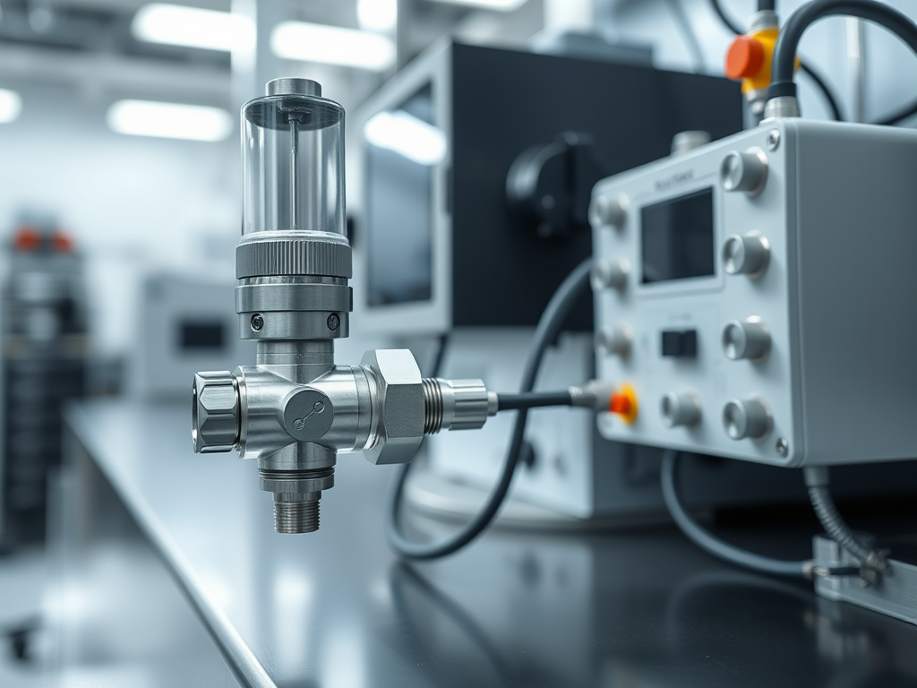 En närbild av en ventil med en glaskammare och anslutningar för heliumtestning i en laboratoriemiljö.