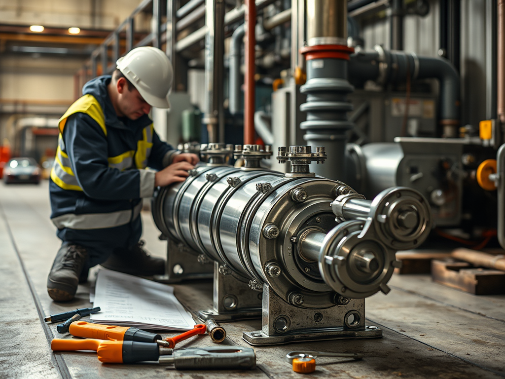 En tekniker inspekterar och justerar en tubvärmeväxlare, med verktyg och checklista på golvet i en industriell miljö.