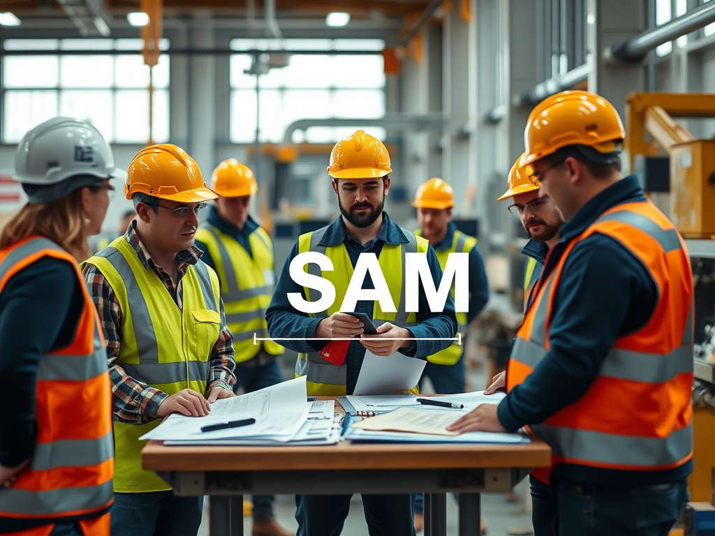 En grupp arbetsplatspersonal i säkerhetskläder och hjälmar samlas runt ett bord med dokumentation, diskuterande och planerar förbättringar av arbetsmiljön enligt systematiskt arbetsmiljöarbete (SAM).