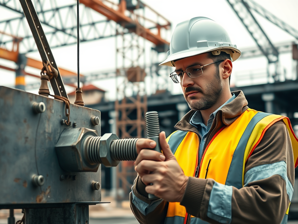 En man i säkerhetskläder och hjälm inspekterar en skruvförband på en byggarbetsplats.