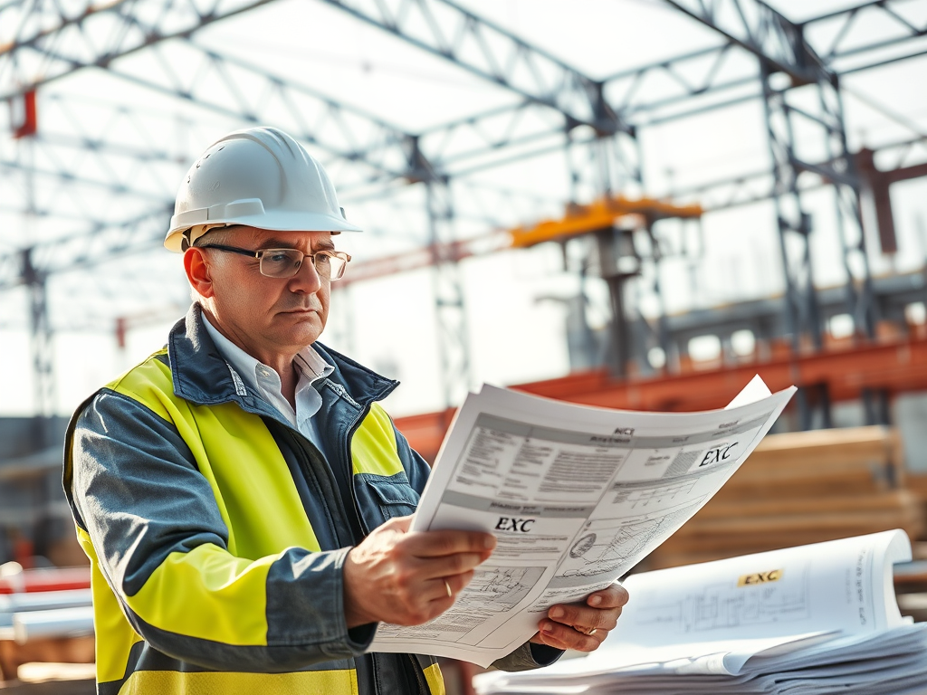 En man i skyddshjälm och reflektande jacka granskar byggnadsritningar på en byggarbetsplats med stålstrukturer i bakgrunden.