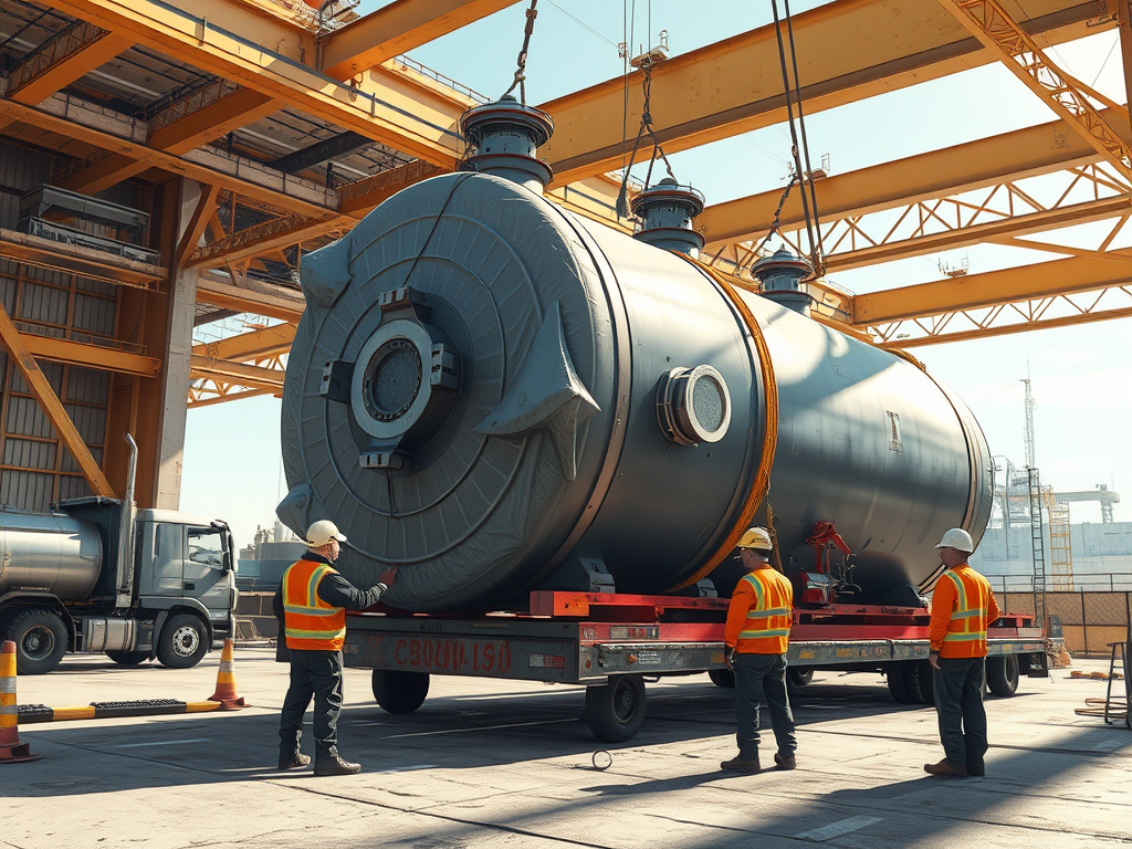 Arbetare inspekterar och kontrollerar installationen av ett tungt processutrustning, en tryckkärl, på en byggarbetsplats under en kran.