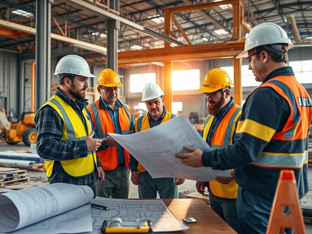 Grupp av konstruktionsarbetare i hjälmar och reflexvästar som diskuterar ritningar i en industriell miljö.