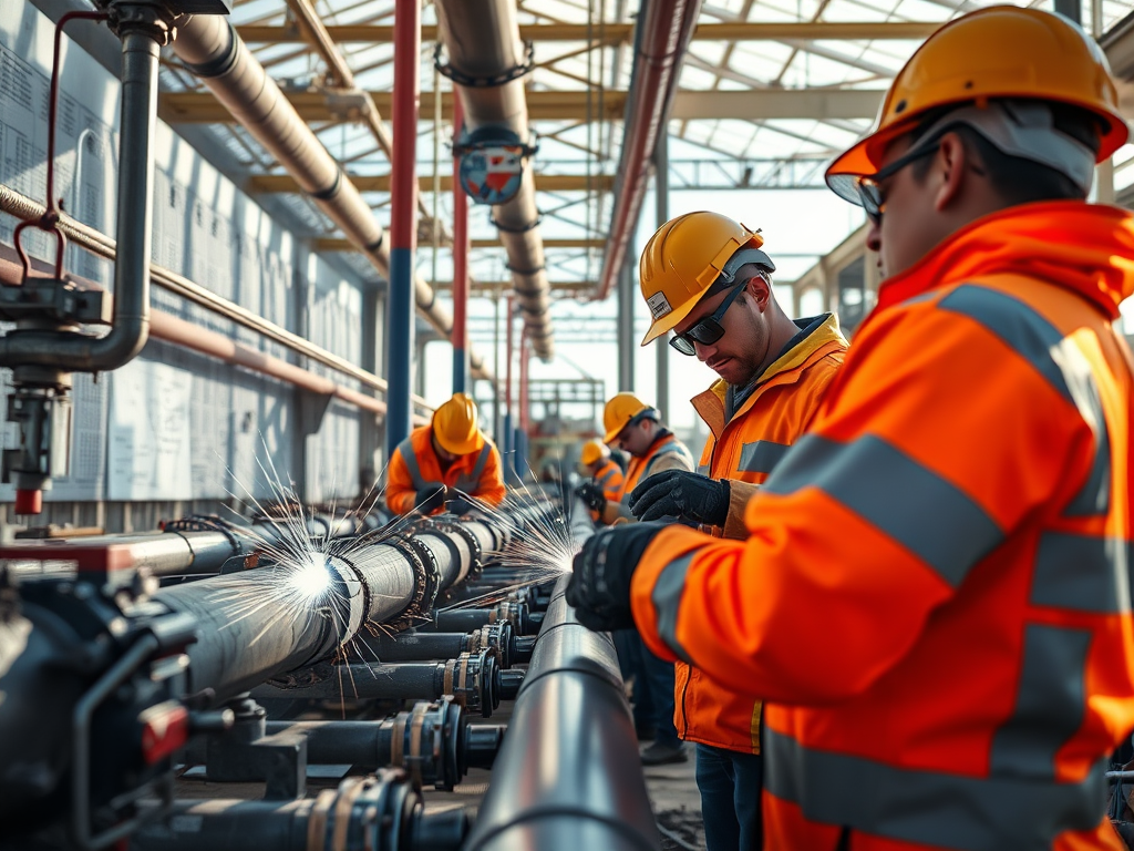 Arbetare i säkerhetsutrustning som arbetar med rörinstallation och svetsning i en industriell miljö. Funktionsskador och gnistor syns från svetsprocessen.
