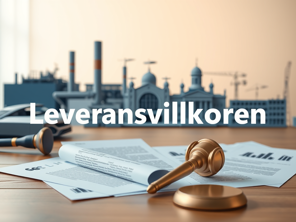 Ett skrivbord med dokument och en hammare i förgrunden, med en bakgrund som visar industriella byggnader och byggarbetsplatser, med texten 'Leveransvillkoren' i tydlig stil.