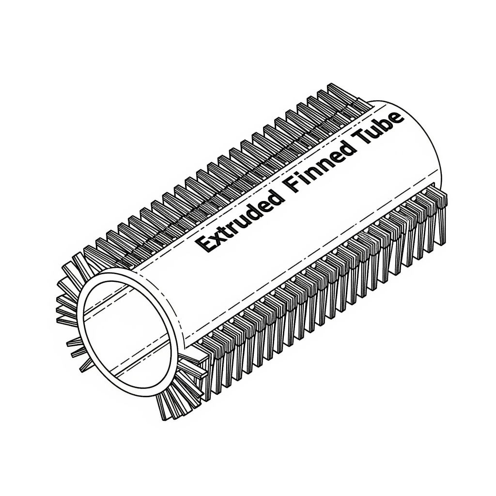Illustration av ett extruderat finnat rör med spiralformade fenor, markerat med texten "Extruded Finned Tube".
