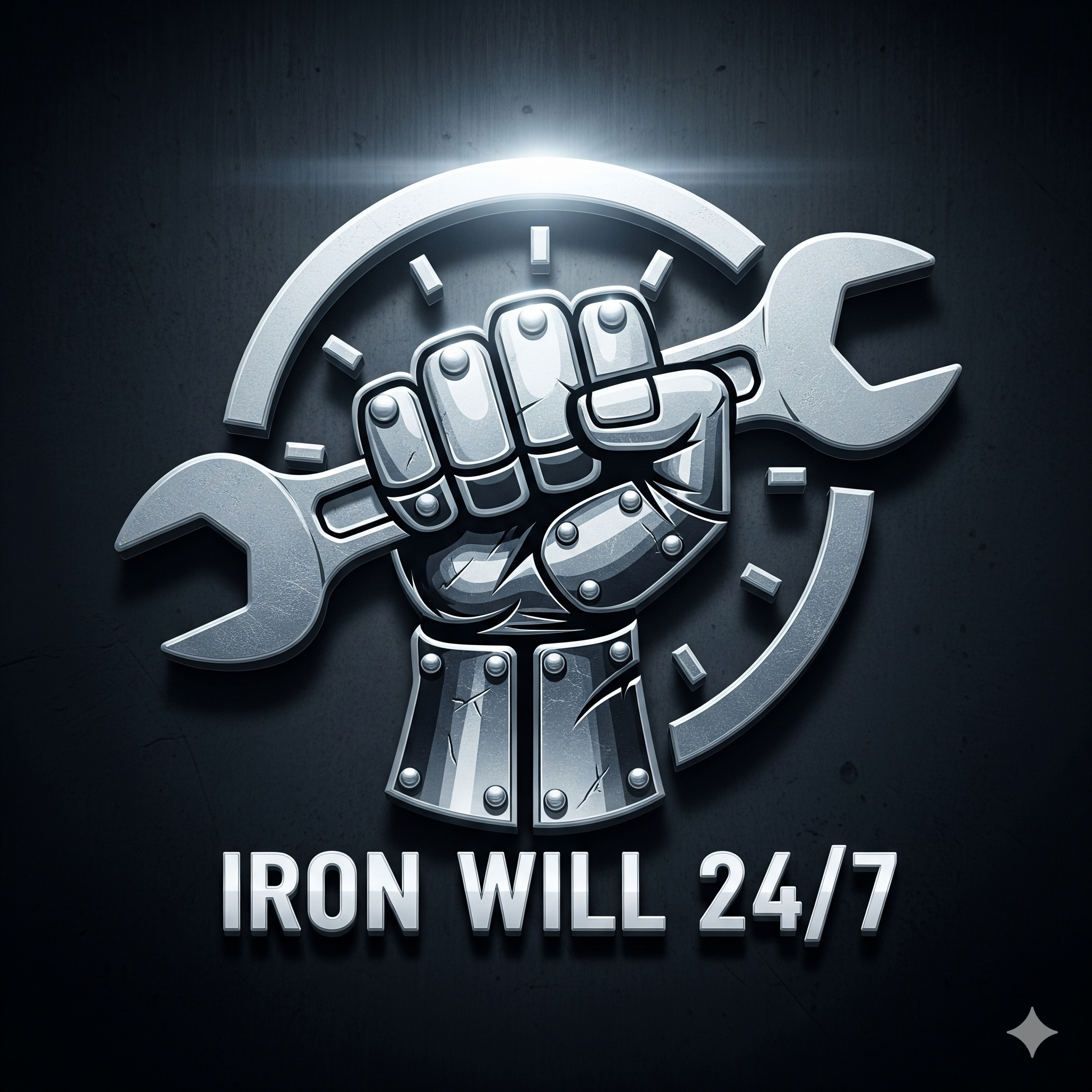Logotyp för Cynerg Group Iron Will Service med en stålhand som håller en skiftnyckel, omgiven av en rund design med klockslag och texten 'IRON WILL 24/7'.