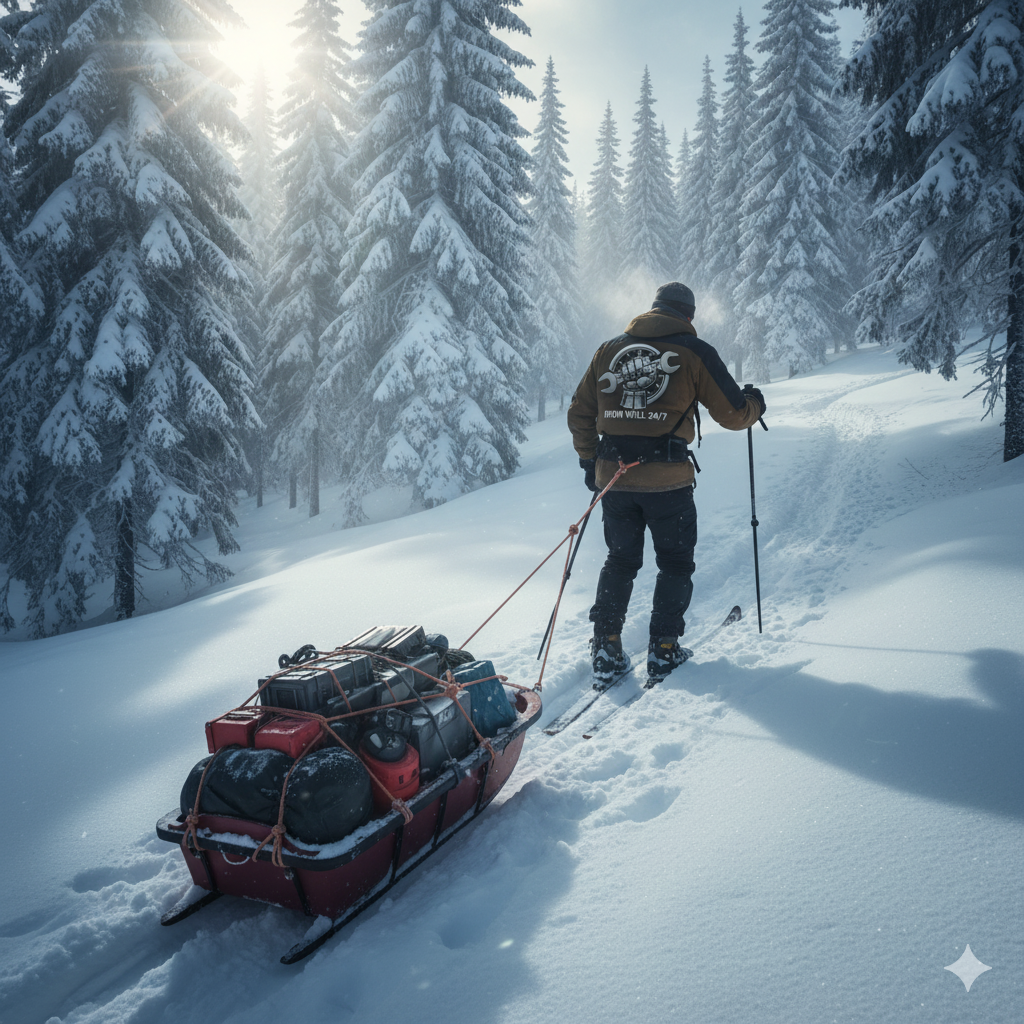 En person som skidar genom en snöklädd skog, dragande en kälke med utrustning, omgiven av höga träd och dimma i luften.