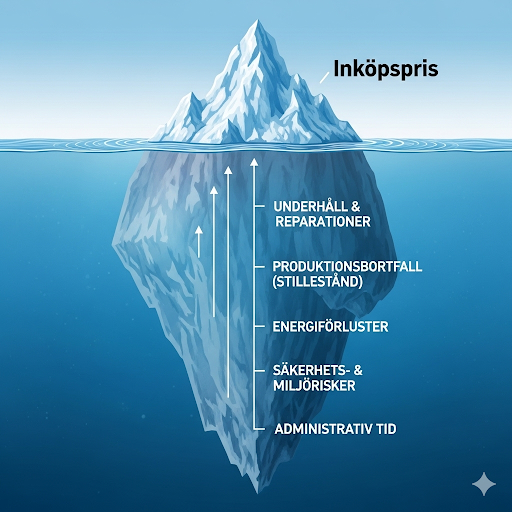 Illustration av ett isberg som symboliserar dolda kostnader kopplade till inköpspriser, med text som listar faktorer som underhåll, produktionsbortfall, energiförluster, säkerhetsrisker och administrativ tid.