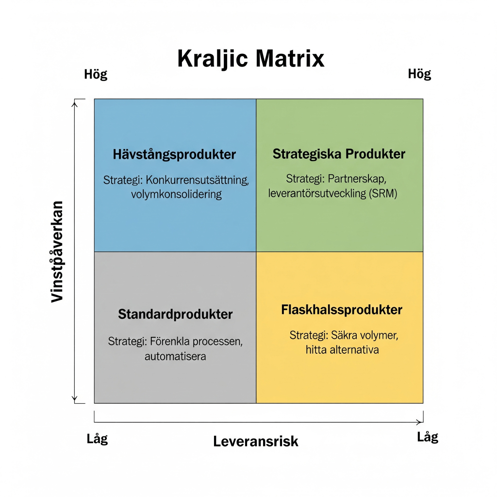 Kraljic Matrix diagram som visar produktkategorier indelade efter vinstpåverkan och leveransrisk, inklusive strategier för varje kategori som Hävstångsprodukter, Strategiska Produkter, Standardprodukter och Flaskhalsprodukter.