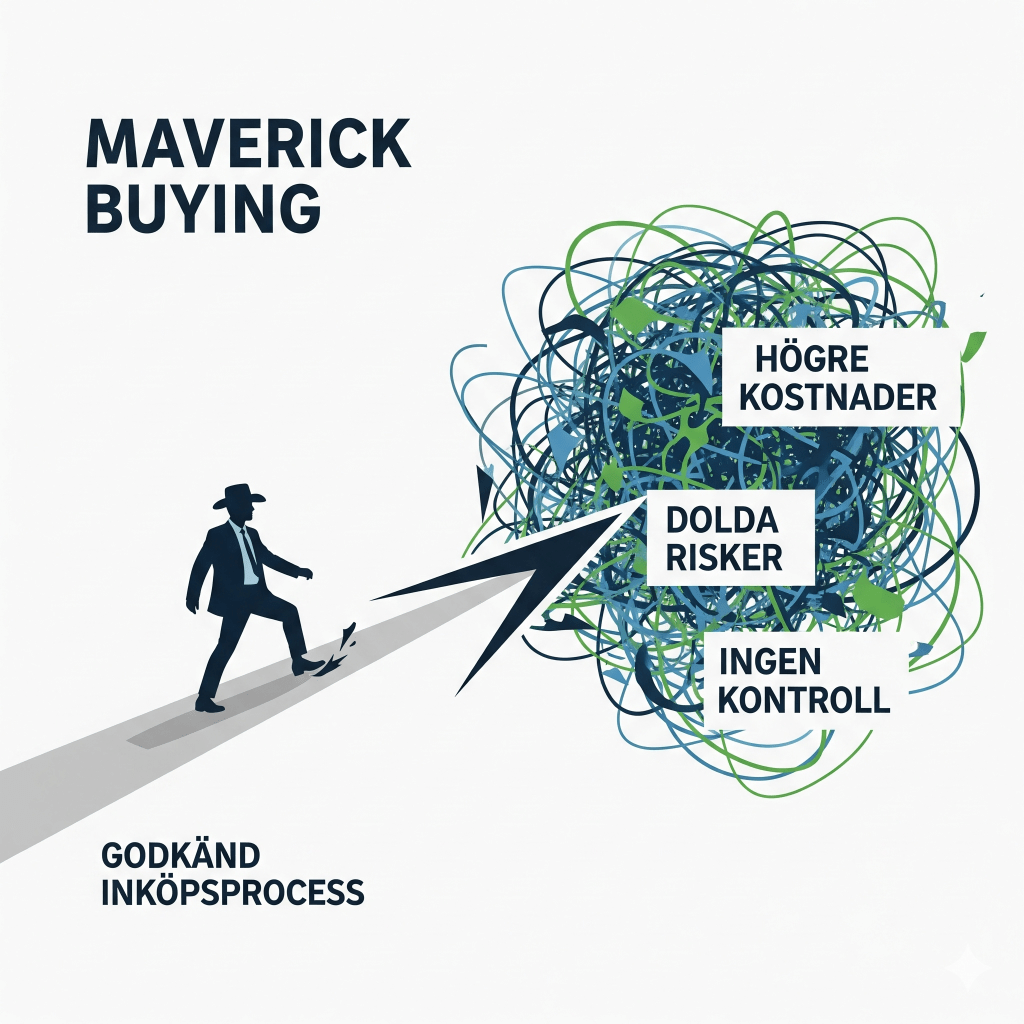 Illustration som visar Maverick Buying med en person som går mot en väg av oreda symboliserande högre kostnader, dolda risker och brist på kontroll. Texten inkluderar både 'Maverick Buying' och 'Godkänd Inköpsprocess'.