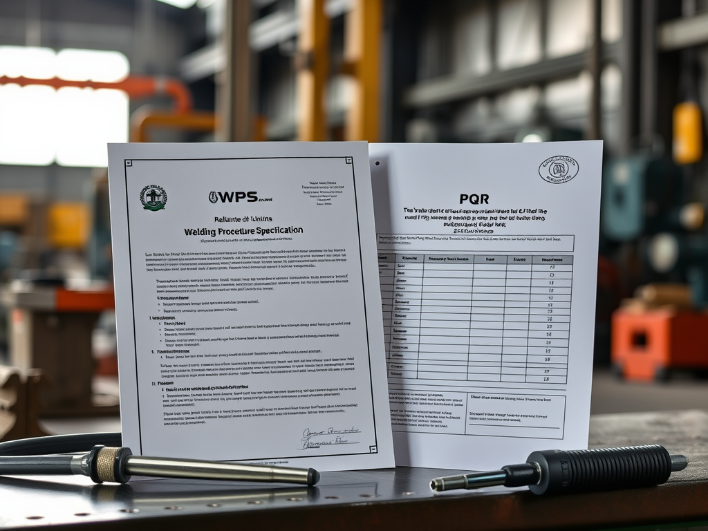 Två dokument, WPS (Welding Procedure Specification) och PQR (Procedure Qualification Record), som visar svetsprocedurer i en verkstadsmiljö. WPS-dokumentet är format och innehåller specifikationer, medan PQR-dokumentet visar testresultat och kvalificeringar.