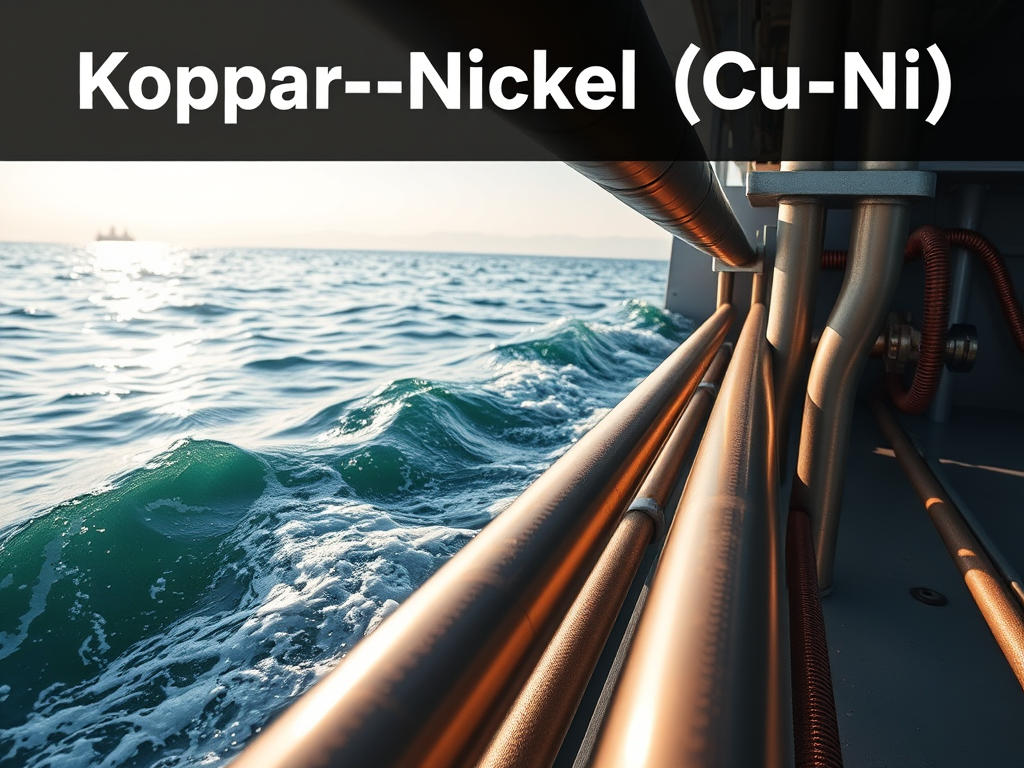 Bild som visar koppar-nickel (Cu-Ni) rörsystem i en maritim miljö med havsvatten i bakgrunden.