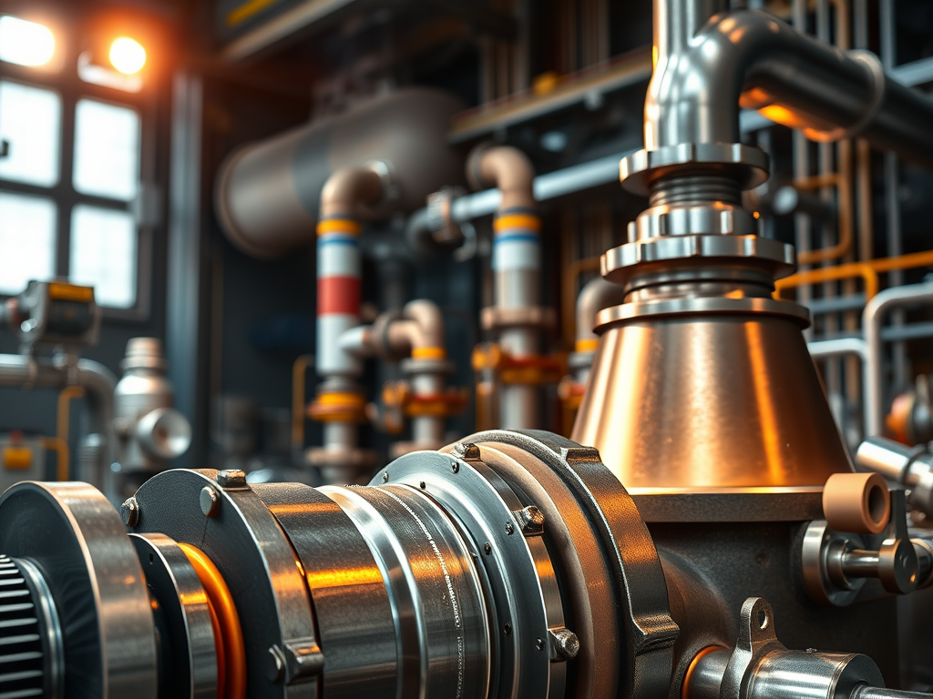 Nära bild av industriella rör och komponenter i ett processanläggning, med fokus på metalliska detaljer och kopplingar.