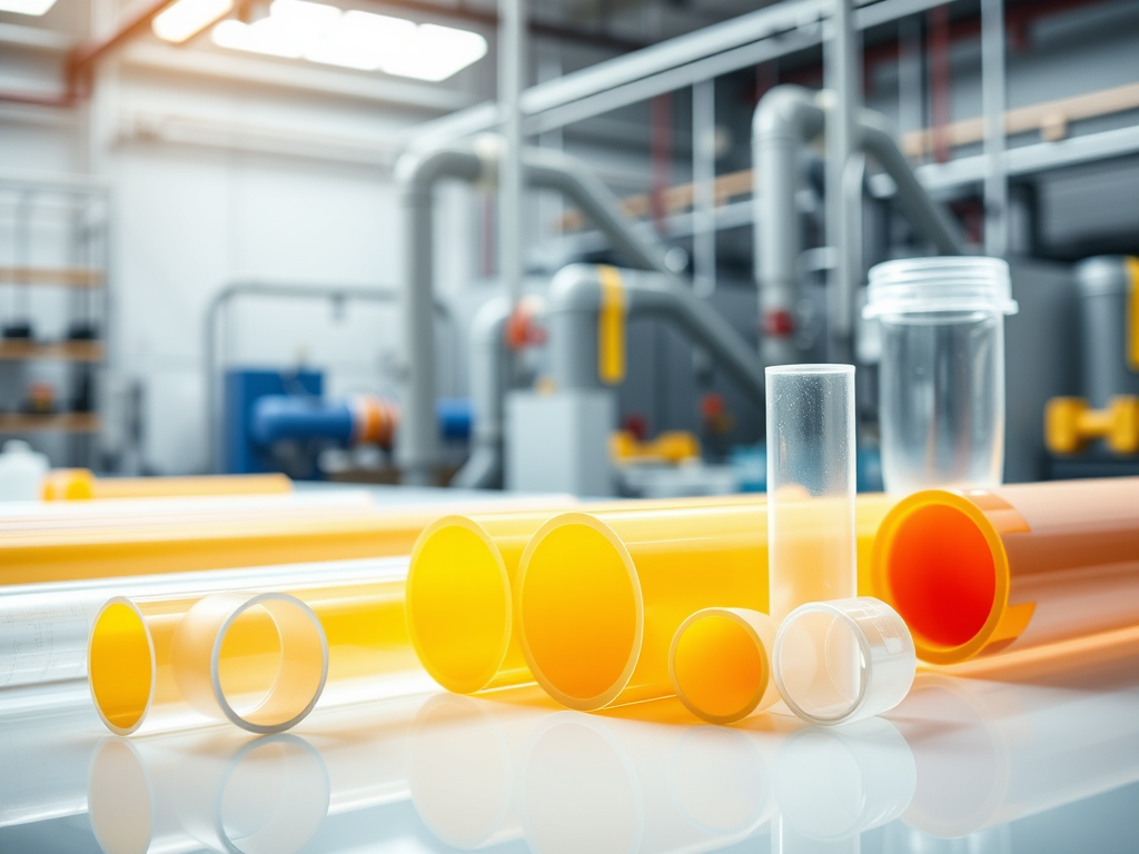 En uppsättning av olika termoplastiska rör i varierande storlekar och färger, såsom orange och transparent, belägna på en yta i en industriell miljö.
