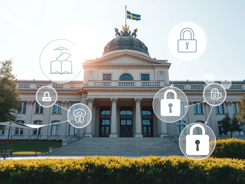 En vacker byggnad med en svensk flagga som vajar i vinden, omgiven av gröna träd och buskar. Ikoner för säkerhet, information och utbildning svävar runt byggnaden, vilket illustrerar teman kring offentlig upphandling och säkerhet.
