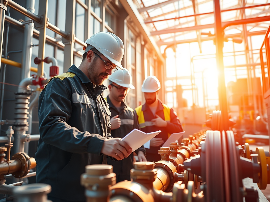 Tre arbetare i skyddshjälmar står vid en rörinstallation, studerar dokument och diskuterar i en industriell miljö med mycket ljus.