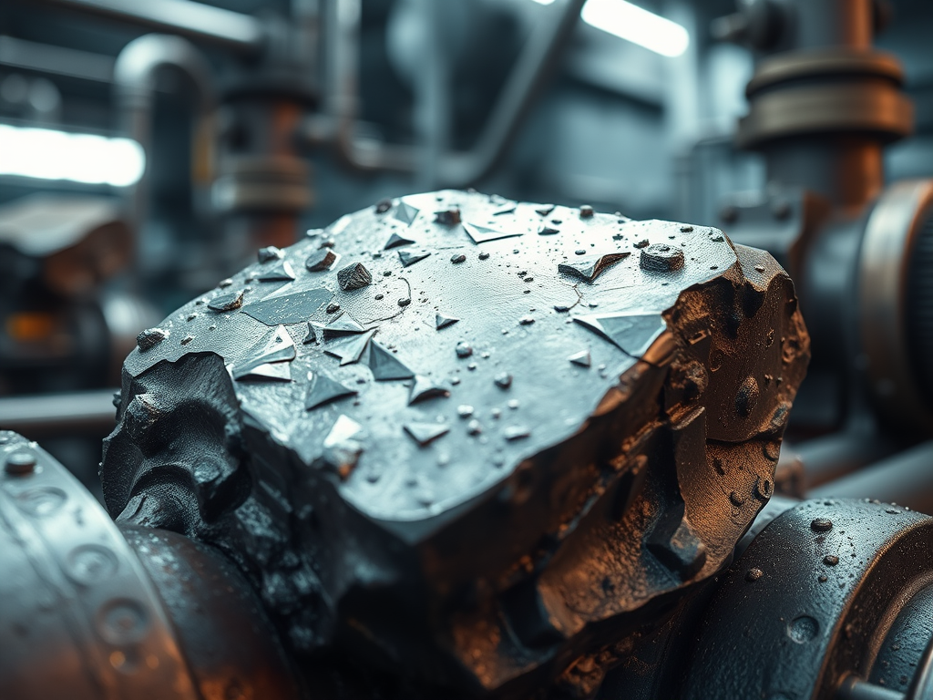 En detaljerad bild av ett zirkonium- eller tantalbelagt industriellt komponent, med tydliga vattendroppar och en texturerad yta.