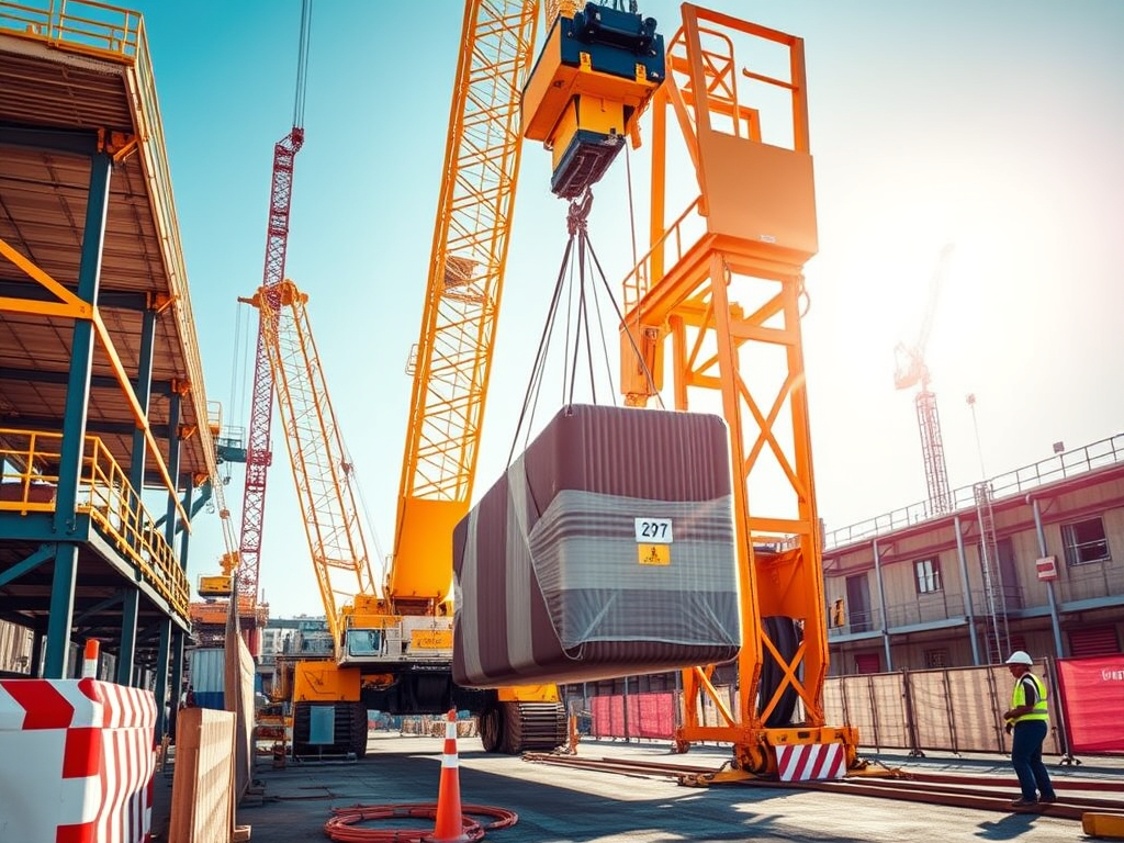 En kran som lyfter en stor, stabiliserad last på en byggarbetsplats, med ljudnivåsignaler och säkerhetsavspärrningar synliga i bakgrunden.