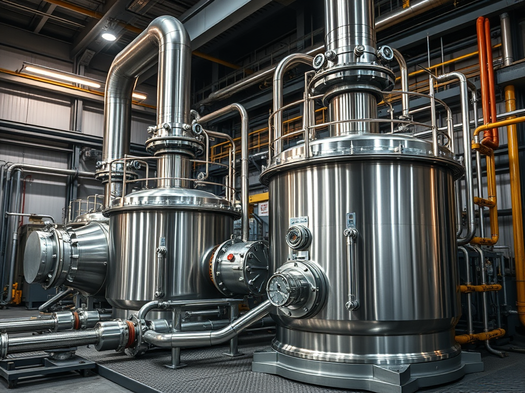 Stainless steel process equipment in a modern industrial facility, showcasing large autoclaves and piping systems.