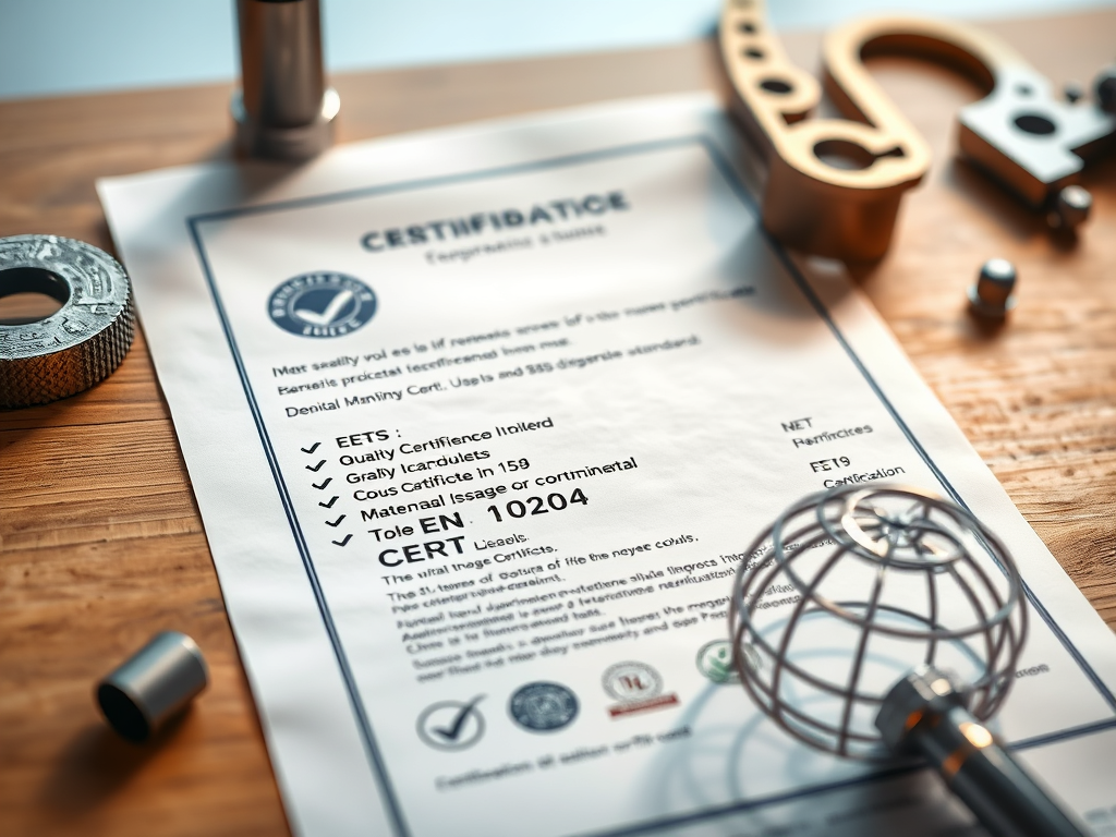 Ett materialcertifikat med text, som inkluderar information om kvalitet och certifiering enligt standarden EN 10204, placerat på ett bord med olika metallverktyg i bakgrunden.