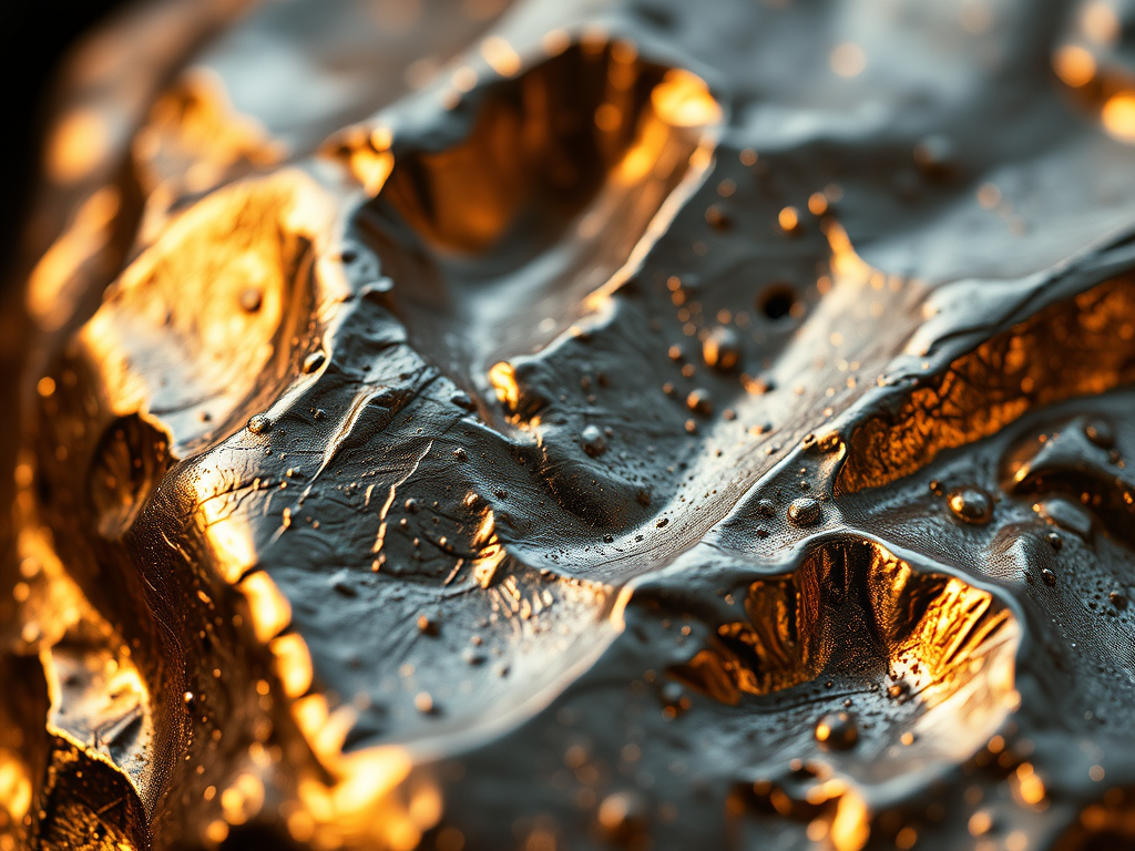 Makrobild av en glänsande och strukturerad yta av tantal, med reflektioner av ljus som framhäver metallens unika textur och egenskaper.