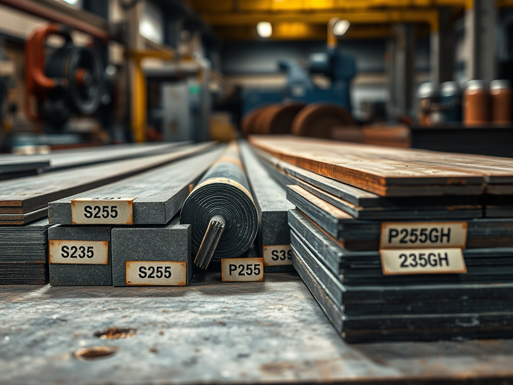 Rader av stålplattor och stänger markerade med kvalitetssiffror som S235, S255 och P255GH på en arbetsbänk i en fabriksmiljö.