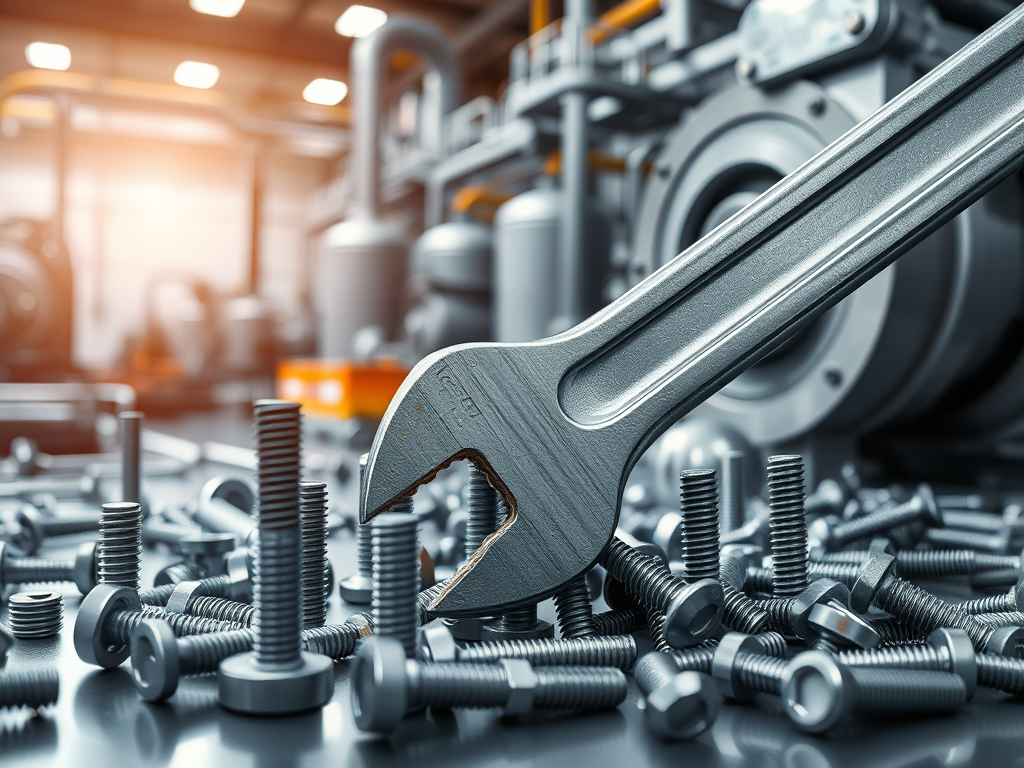 En justerare ligger på en hög av olika skruvar och bultar i en industriell miljö med maskinutrustning i bakgrunden.